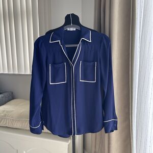 Express Portofino Shirt Navy Blue White Trim Front Pockets Rolltab Sleeves S